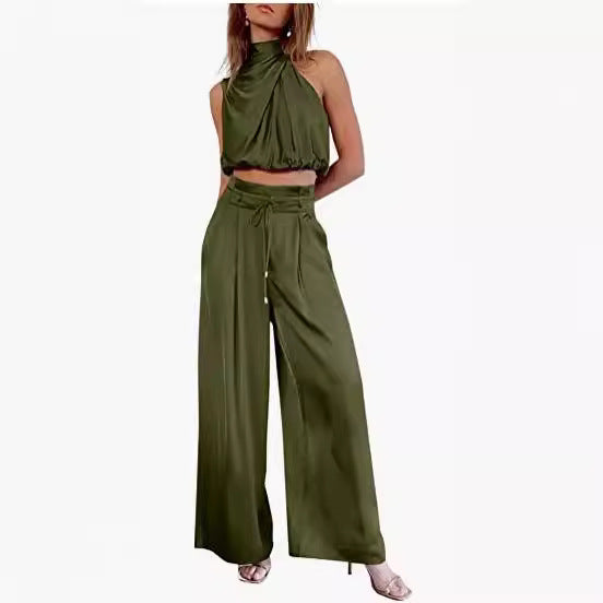 Sleeveless Crop Top with Stand Collar + Wide-Leg Two-Piece Set