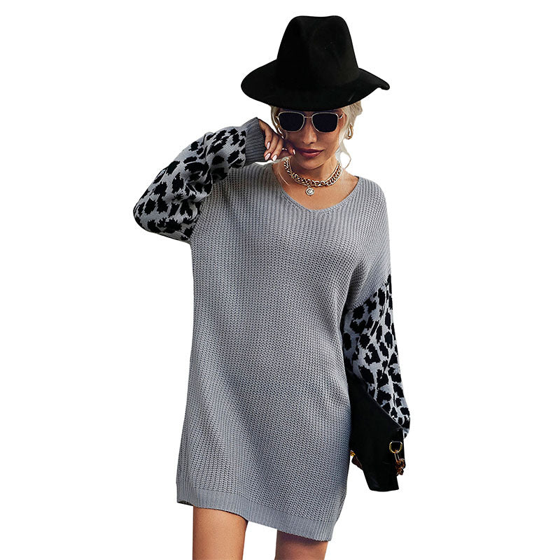 Trendy Leopard Print V-Neck Sweater Dress