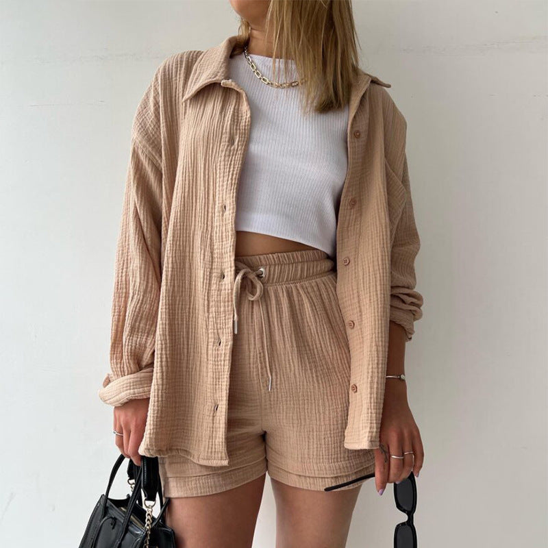 Crinkled Fabric Turn-Down Collar Shirt & High Waist Drawstring Shorts Set