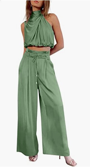Sleeveless Crop Top with Stand Collar + Wide-Leg Two-Piece Set