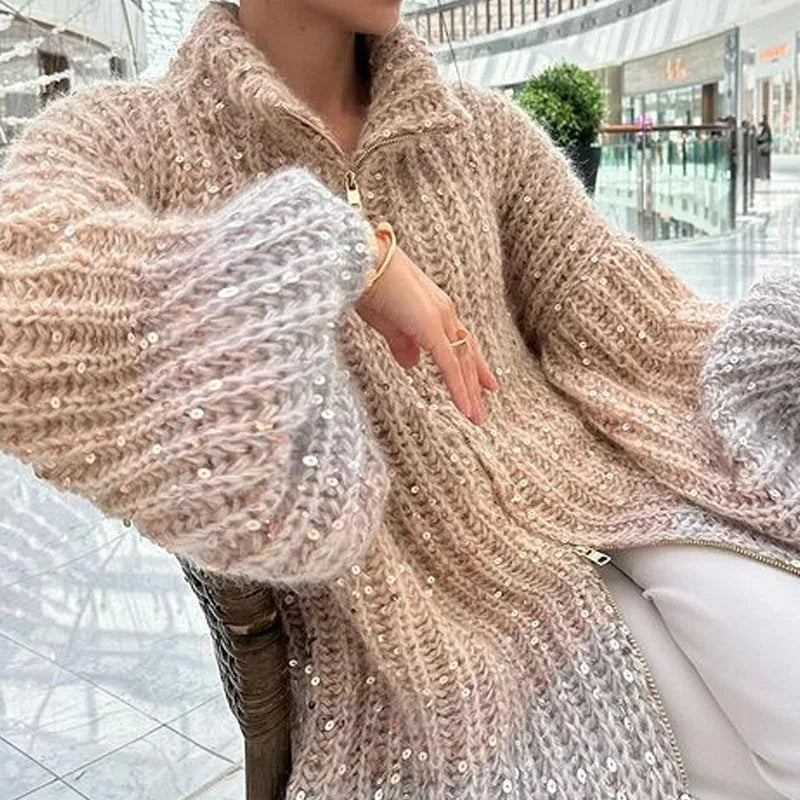 Sequined V-Neck Zipper Cardigan