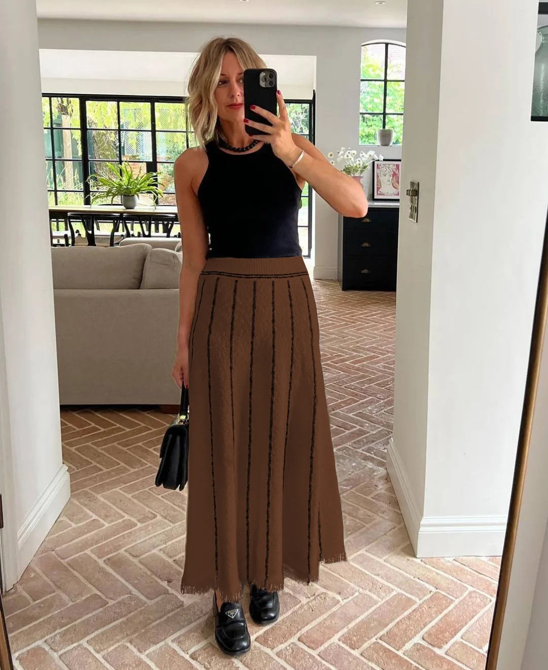 Elegant Striped Fringe Knitted Maxi Skirt