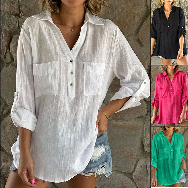 Color Cotton Linen Button Long Sleeve Shirt