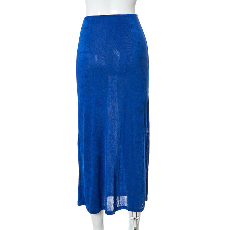 Elastic Solid Color Low Waist Maxi Skirt