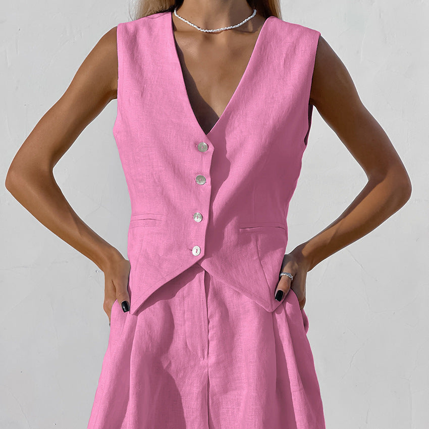 Cotton-Linen Suit Vest Casual Sleeveless Top and Shorts Two-Piece Set