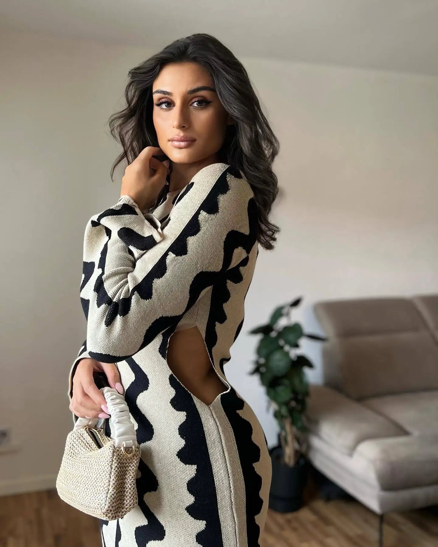 Vintage Ripple Knitted Side Cut Out Maxi Dress