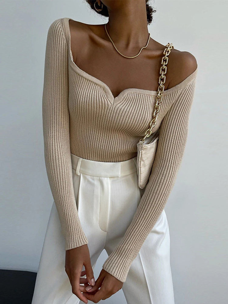 Square Collar Knit Long Sleeve Tee