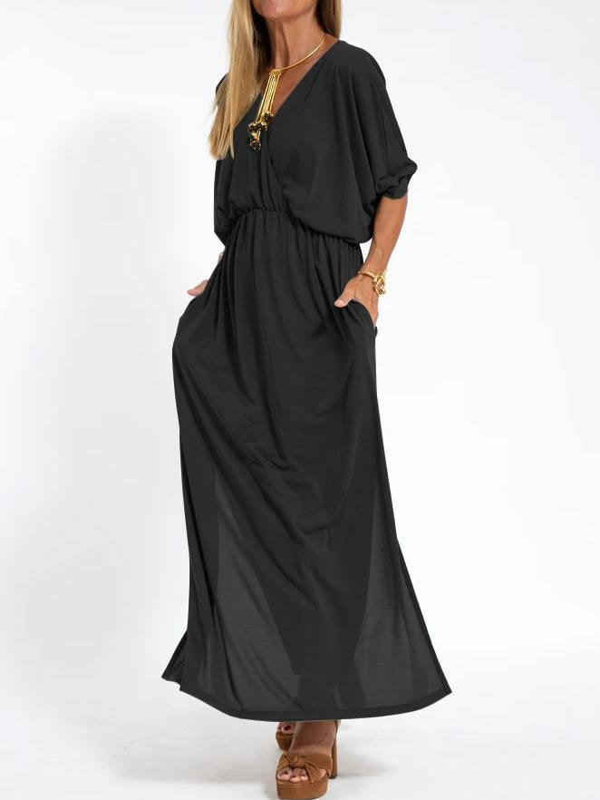High-Waisted Split V-Neck Dress
