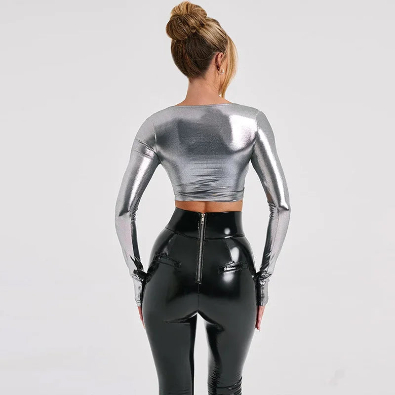 Fake PU Cropped Festival Top - Solid Long Sleeve