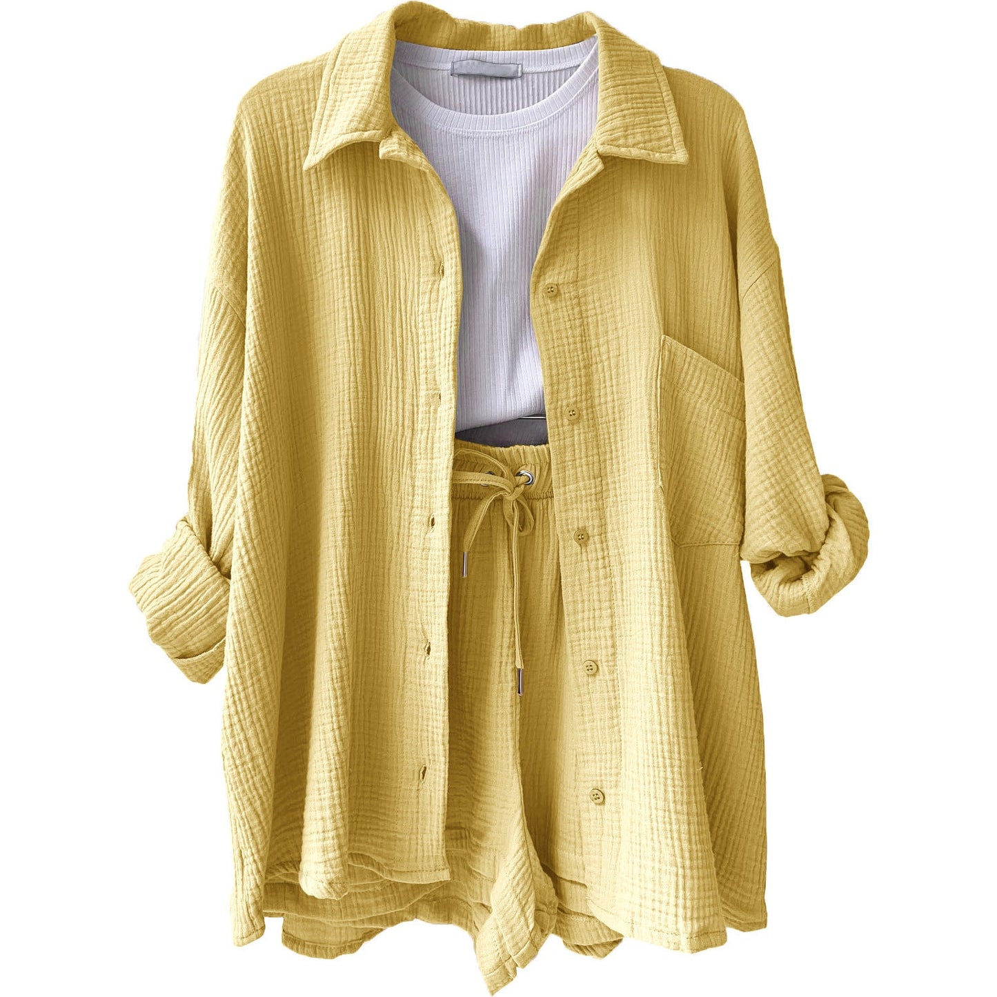 Crinkled Fabric Turn-Down Collar Shirt & High Waist Drawstring Shorts Set