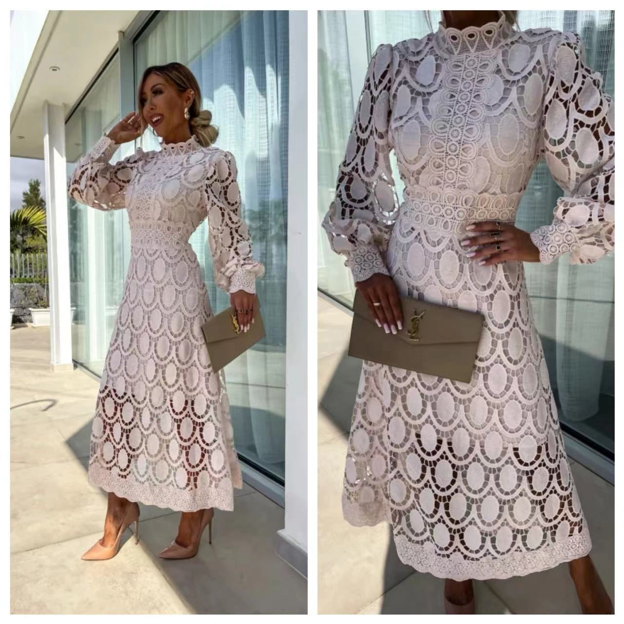 Lace Stand Collar Bubble Sleeve Dress