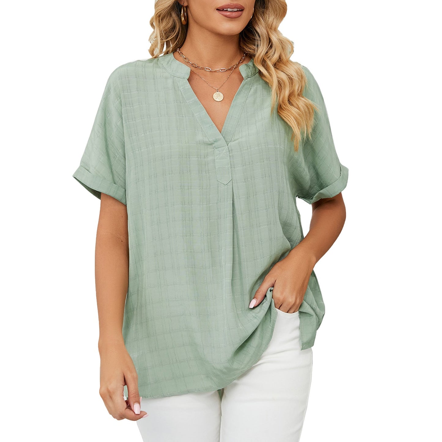 V-Neck Casual Loose Fit Pullover Shirt