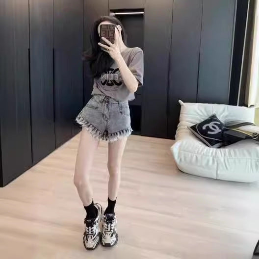 High-Waisted Tassel Hem Denim Shorts