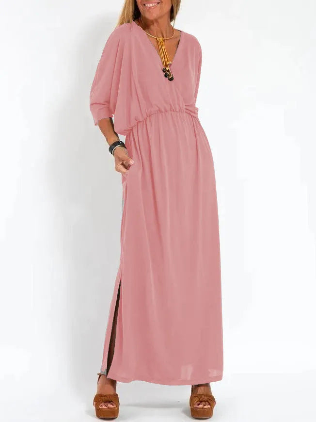 High-Waisted Split V-Neck Dress