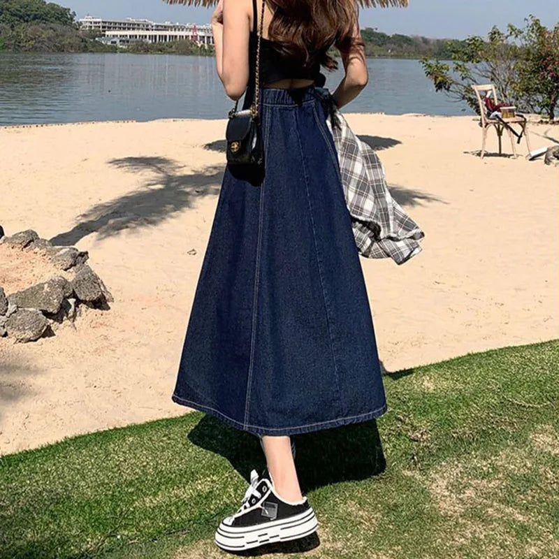 Loose Fit A-Line Denim Midi Skirt