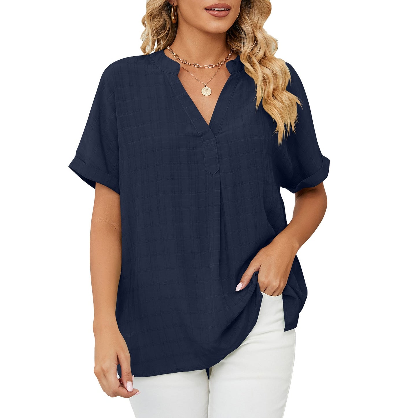 V-Neck Casual Loose Fit Pullover Shirt