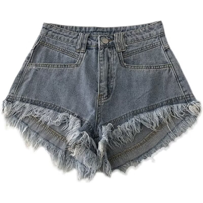 High-Waisted Tassel Hem Denim Shorts