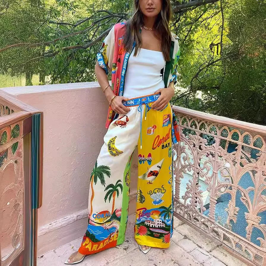 Graffiti Print Satin Two-Piece Set - Short Sleeve Shirt and Long Pants