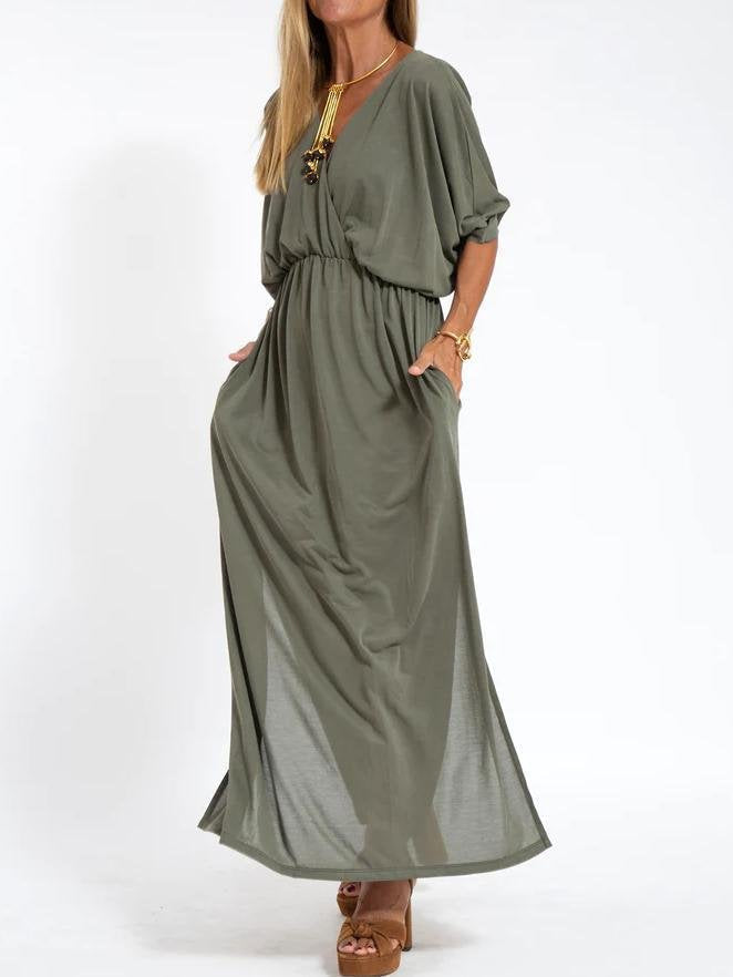 High-Waisted Split V-Neck Dress