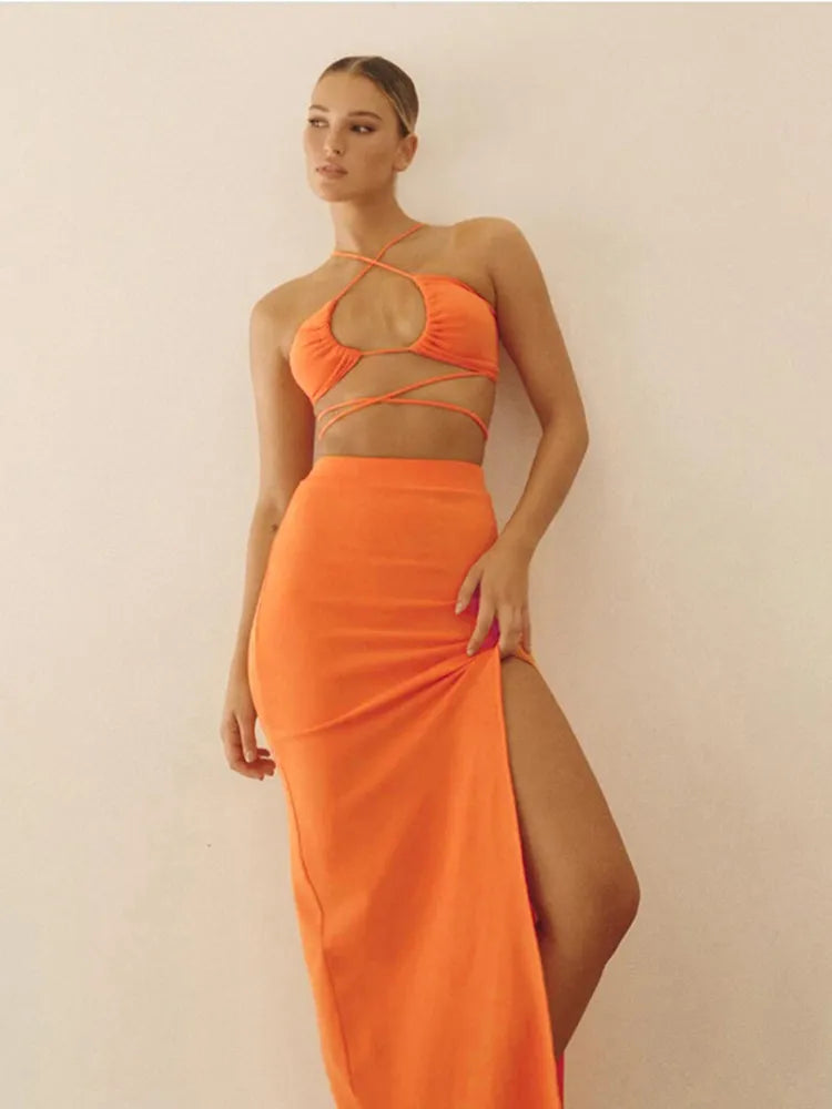 Hollow Out Crop Top & High-Slit Skirt Set