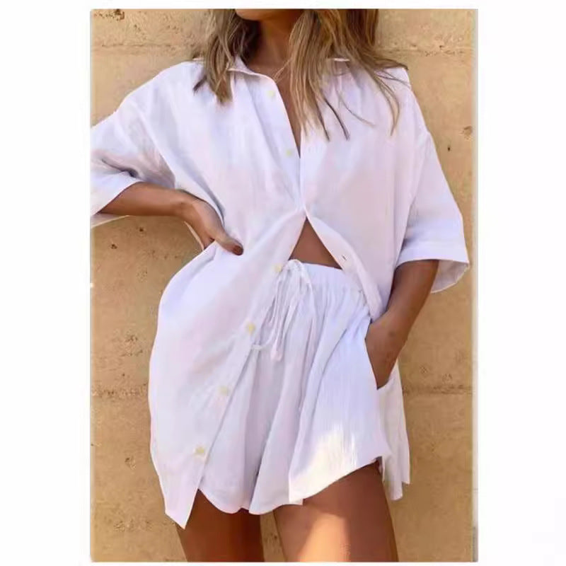 Short-Sleeve Shirt and Tie-Waist Shorts Two-Piece Set