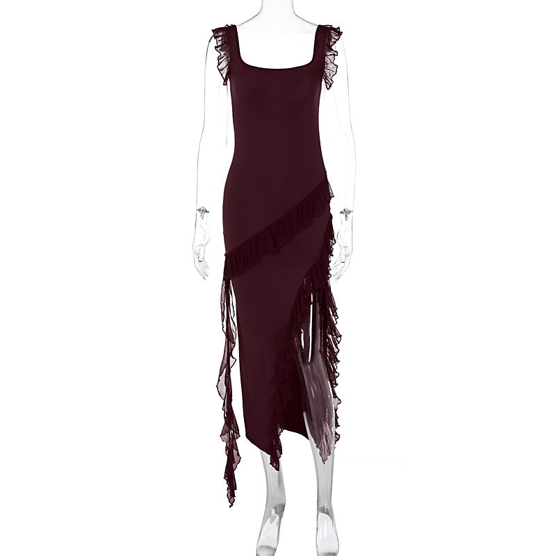 Split Hem Patchwork Dress with Mushroom Edge