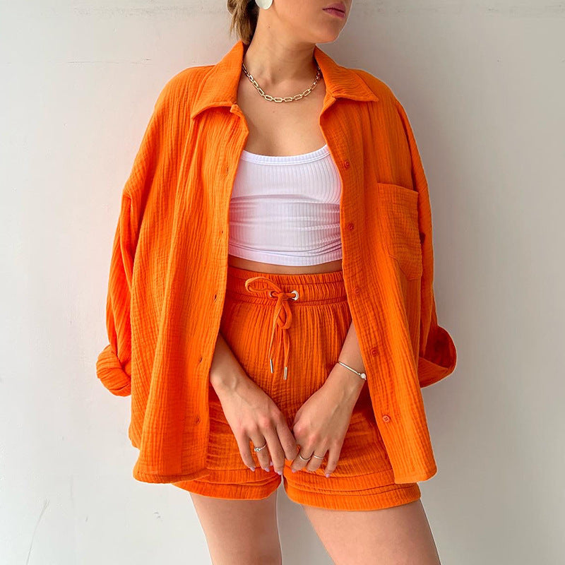 Crinkled Fabric Turn-Down Collar Shirt & High Waist Drawstring Shorts Set