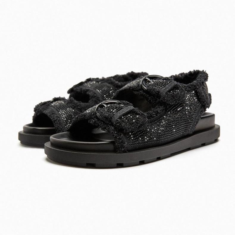 Black Rhinestone Embellished Thick Flat Sandals