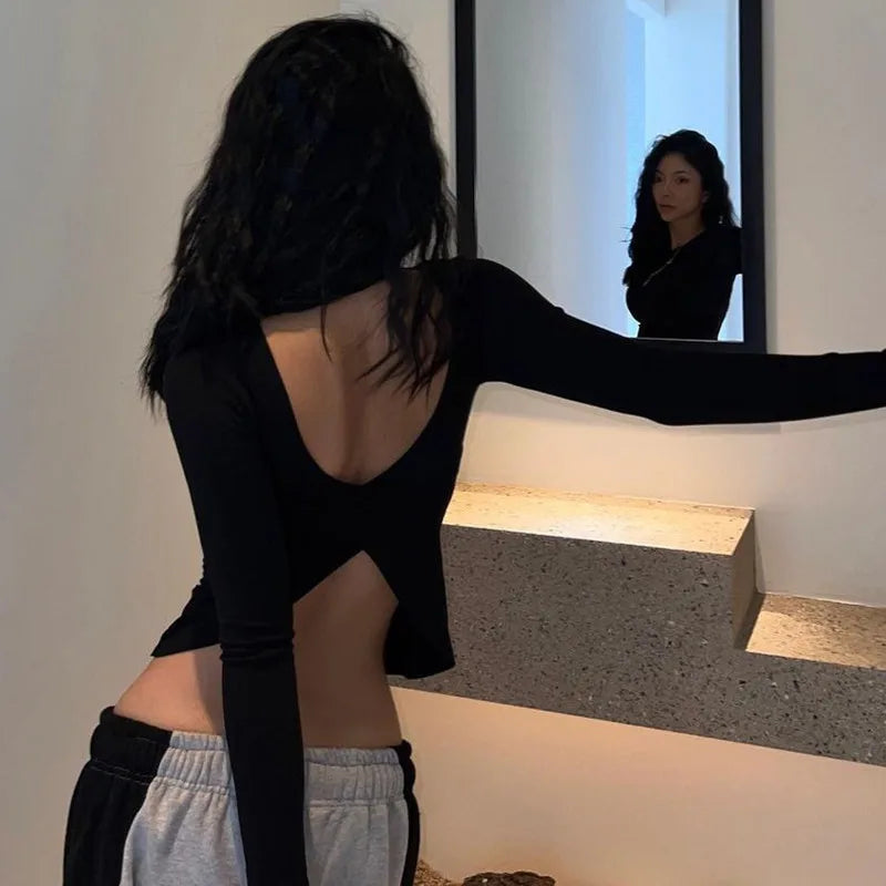 Long Sleeve Backless T Shirt Round-neck