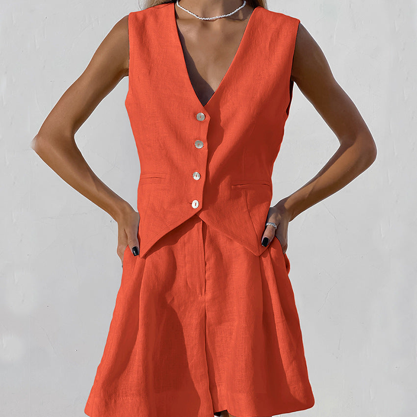 Cotton-Linen Suit Vest Casual Sleeveless Top and Shorts Two-Piece Set