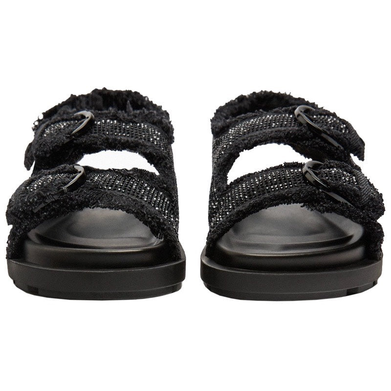 Black Rhinestone Embellished Thick Flat Sandals