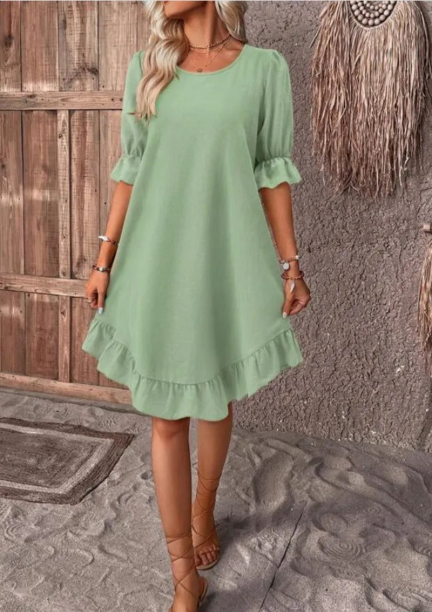 Vintage Linen Cotton Mid-Sleeve Swing Dress