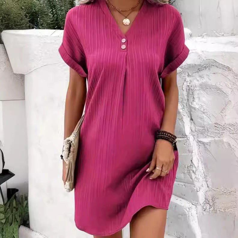 V-Neck Pullover Button-Up Dress
