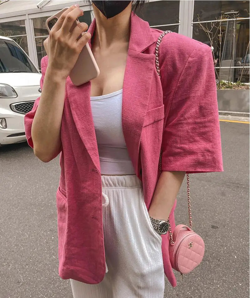 Vintage Short-Sleeve Cotton Linen Blazer