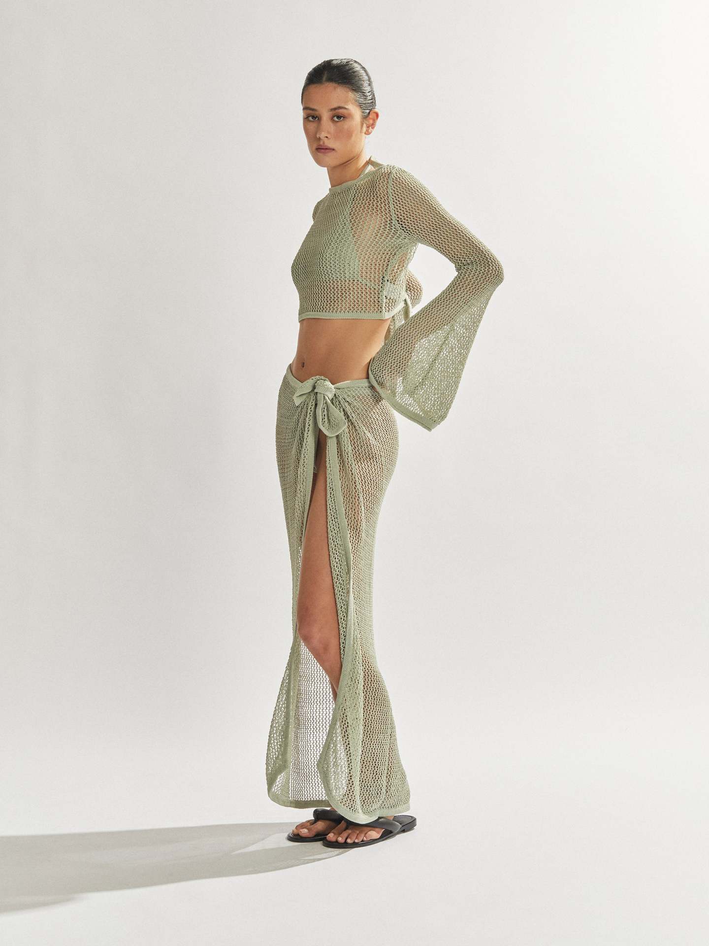 Sheer Backless Top & High-Slit Midi Skirt Set