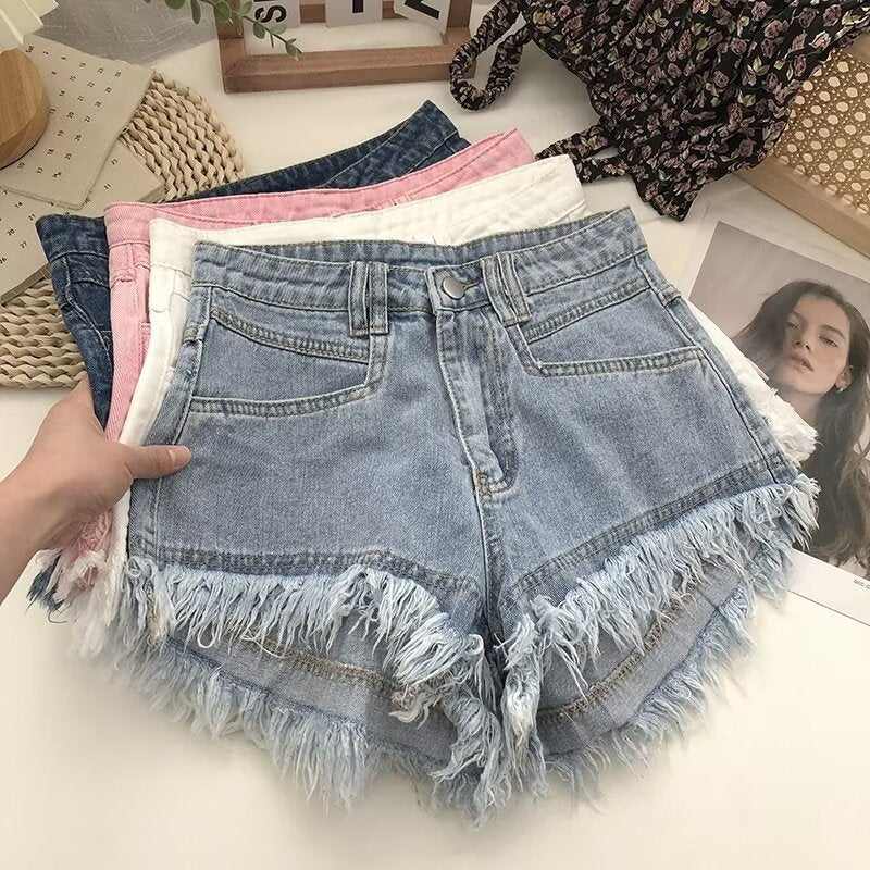 High-Waisted Tassel Hem Denim Shorts