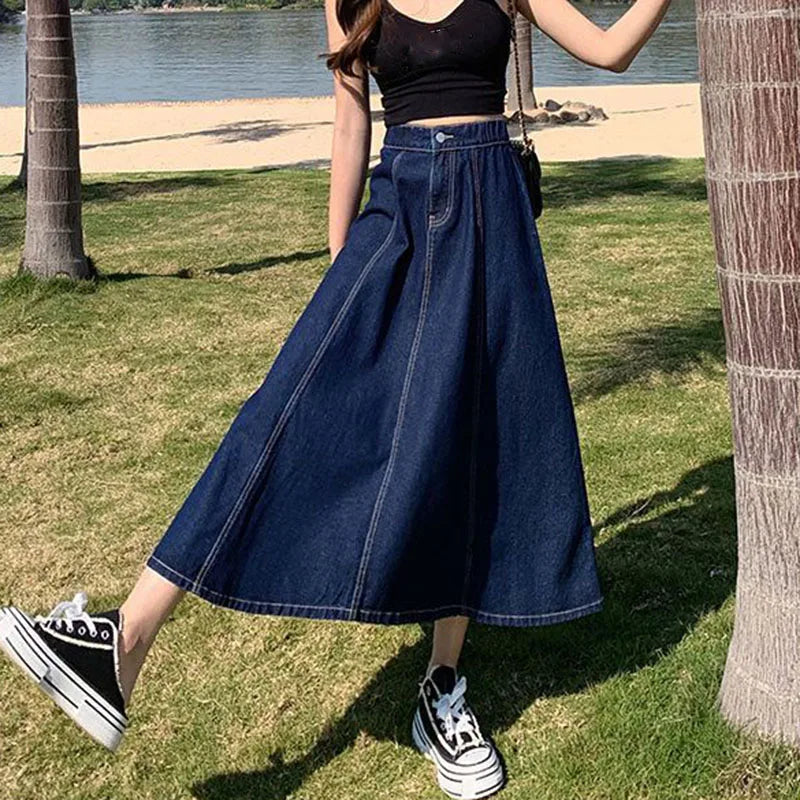 Loose Fit A-Line Denim Midi Skirt