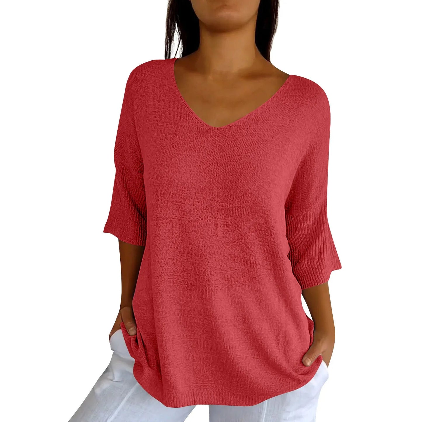 V-Neck Seven-Quarter Sleeve Knit Sweater