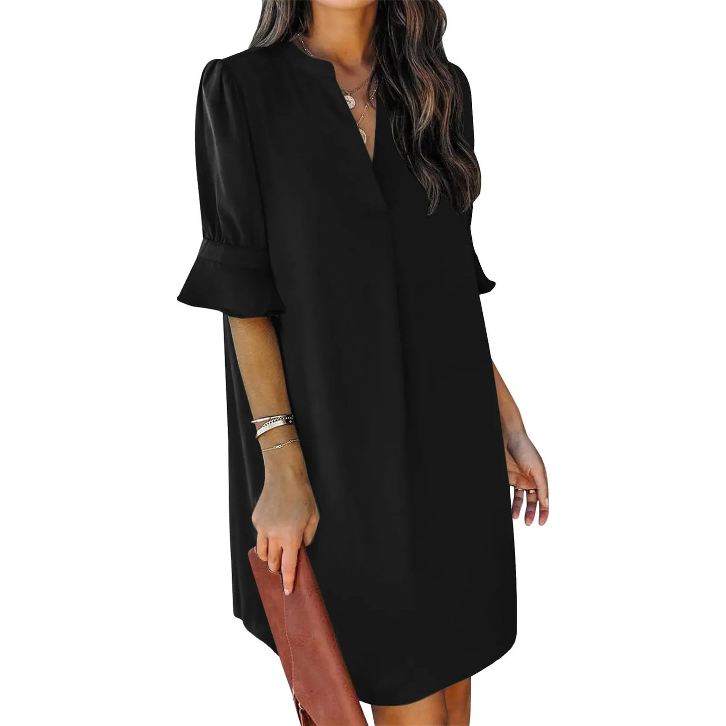 Solid Color Loose Fit V-Neck Pleated Short Sleeve Dress
