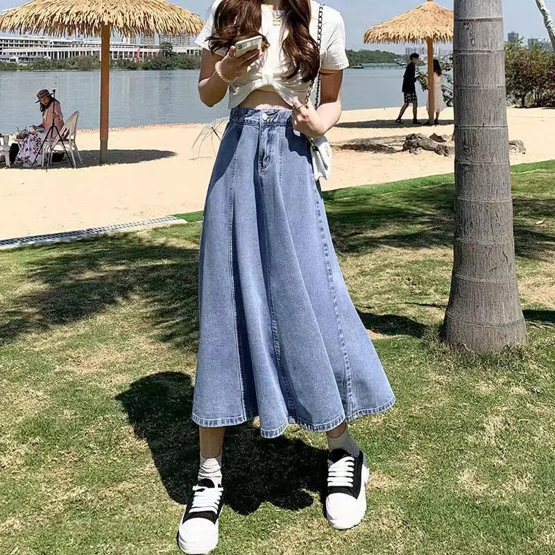 Loose Fit A-Line Denim Midi Skirt