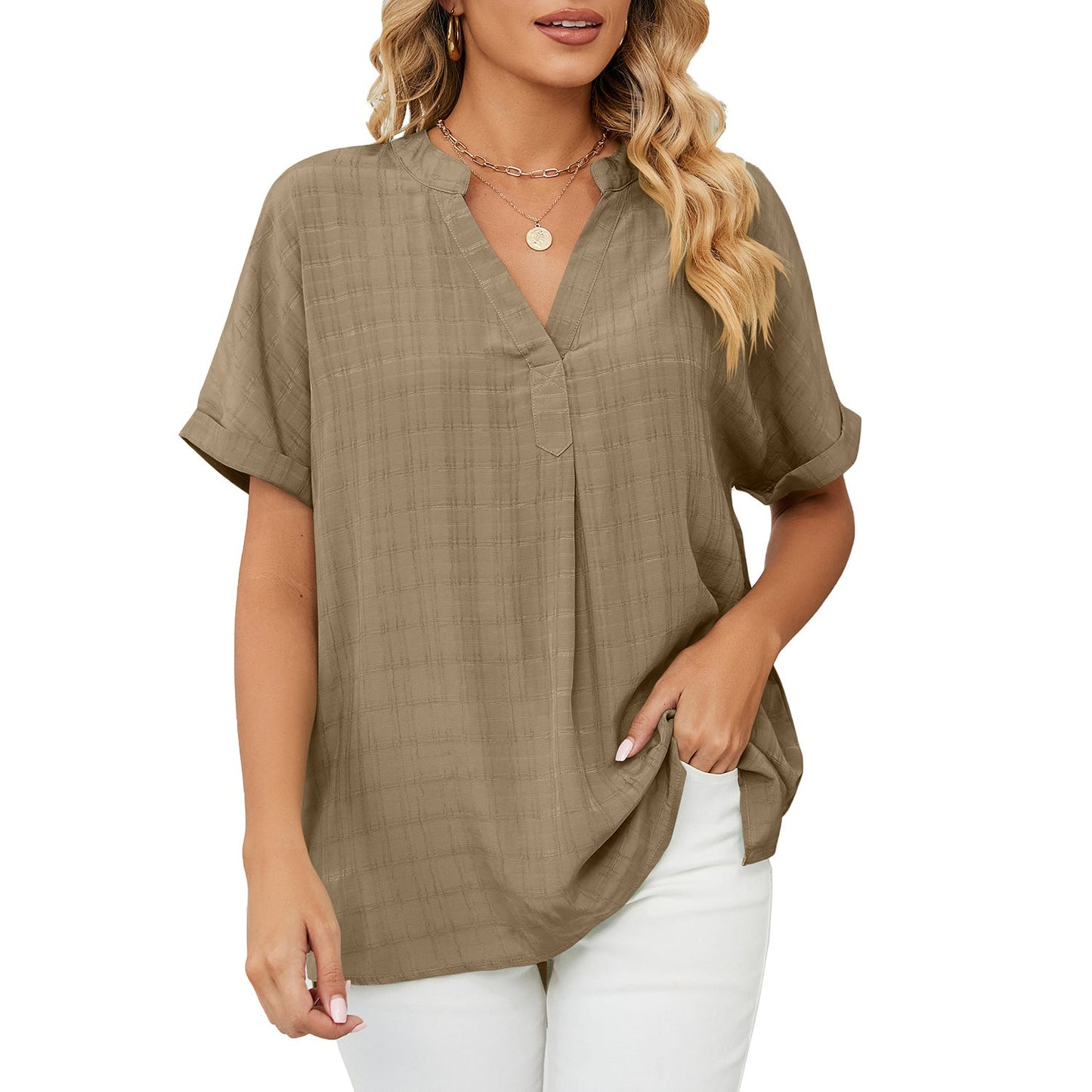 V-Neck Casual Loose Fit Pullover Shirt