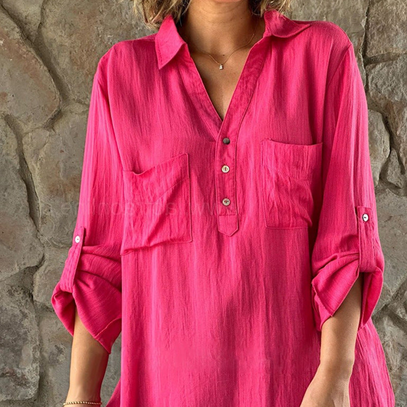 Color Cotton Linen Button Long Sleeve Shirt
