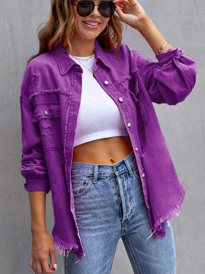 Distressed Mid-Length Denim Jacket