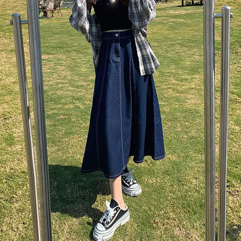 Loose Fit A-Line Denim Midi Skirt