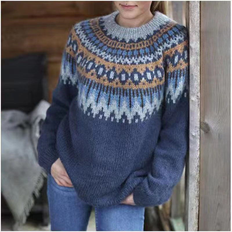 Round Neck Jacquard Retro Sweater