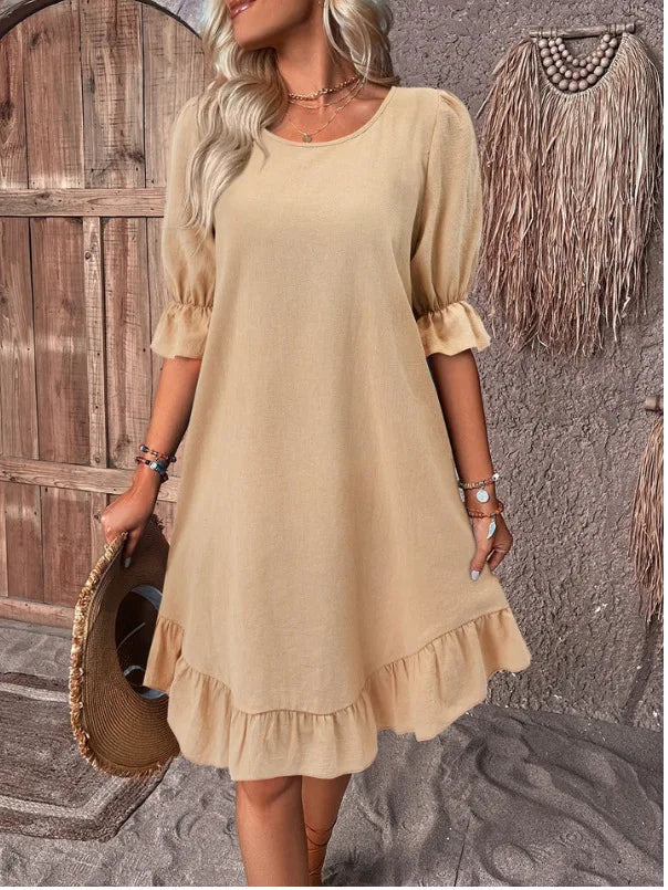 Vintage Linen Cotton Mid-Sleeve Swing Dress