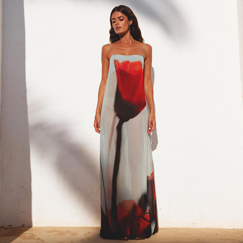 Printed Sheer Strap Camisole Dress