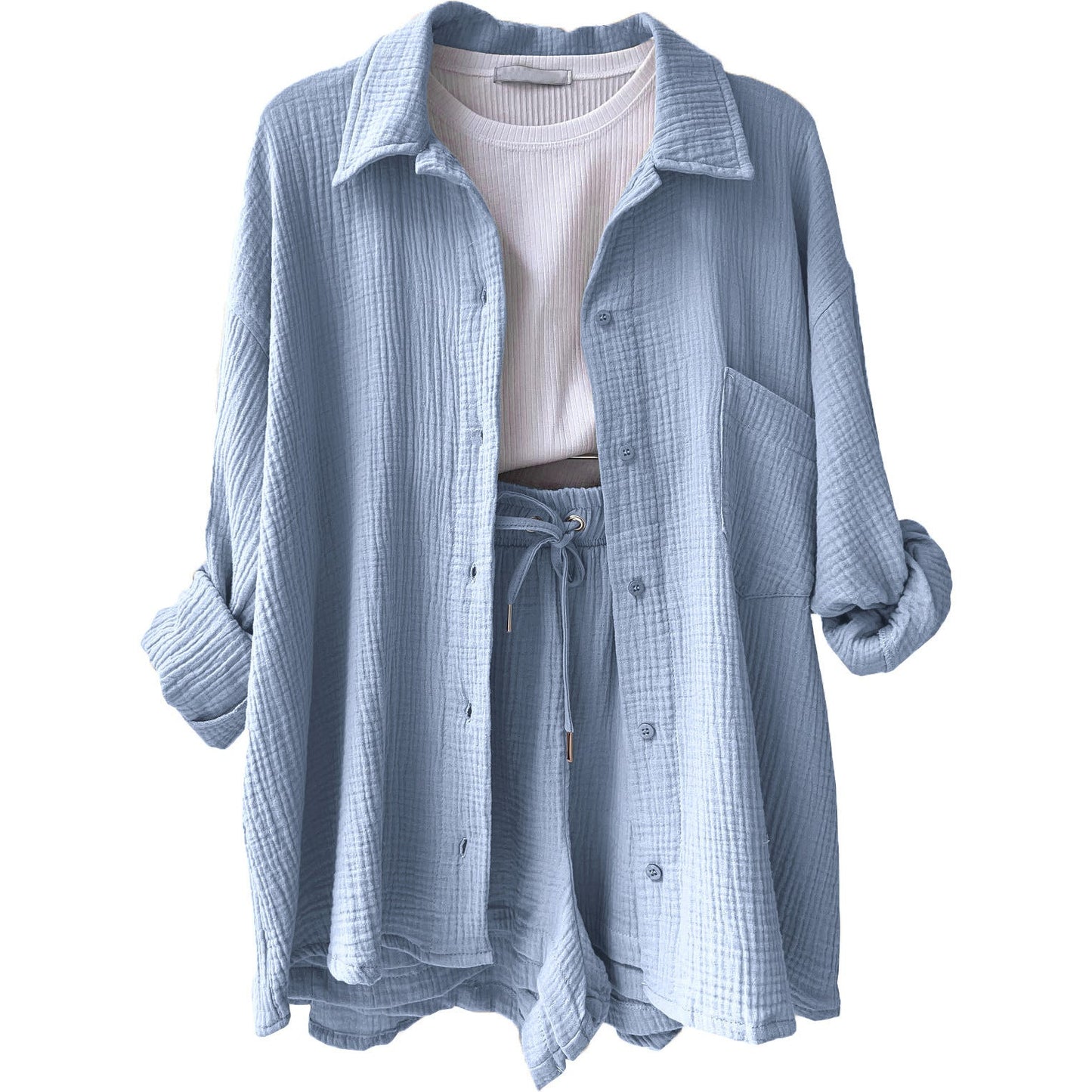 Crinkled Fabric Turn-Down Collar Shirt & High Waist Drawstring Shorts Set
