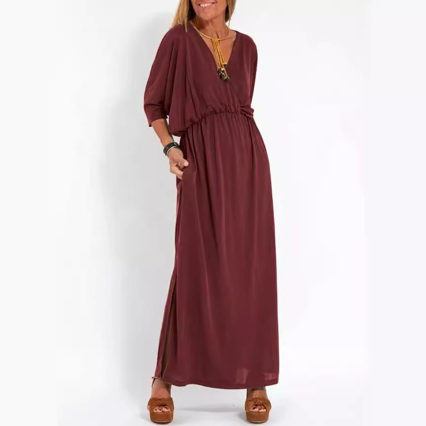 High-Waisted Split V-Neck Dress
