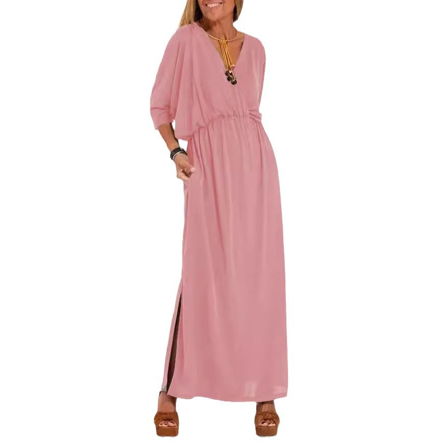 High-Waisted Split V-Neck Dress